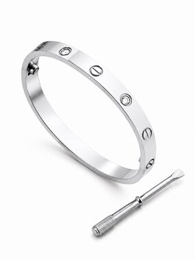 Stamped Platinum Love Screwdriver Bangle Bracelet with Stones